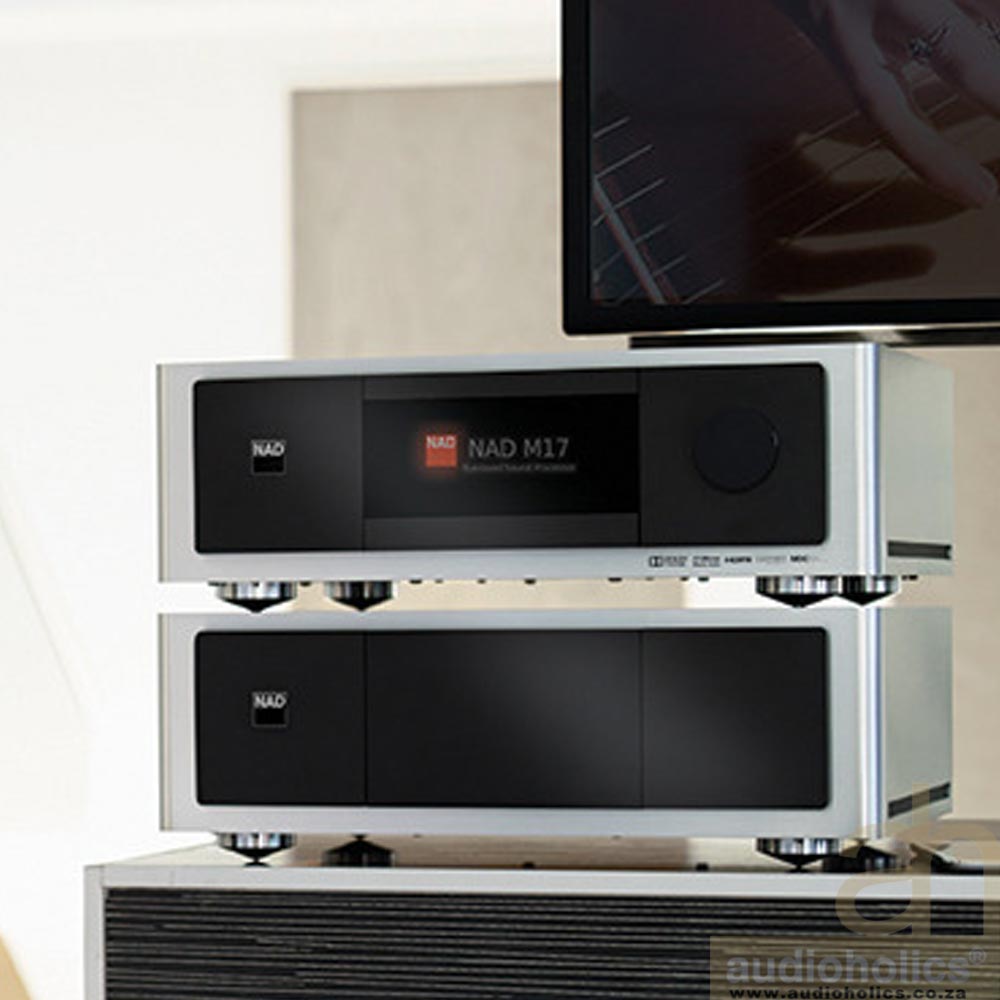 NAD-M17 - Audioholics South Africa Stacked NAD M17 audio components with a black front panel, metallic frame, and a display in the top unit on a stand.