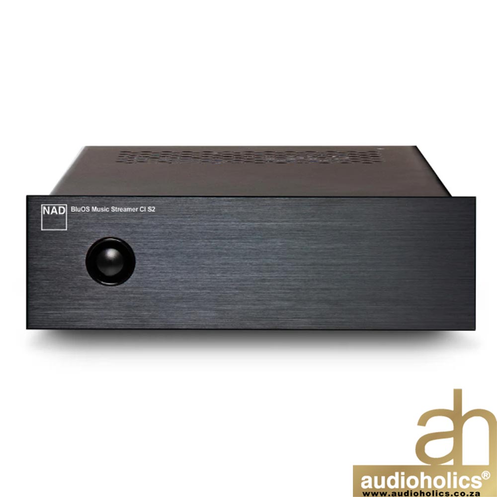 Front view of NAD Blues Music Streamer CI S2 hardware with brushed metal face and a single control knob on the left side.