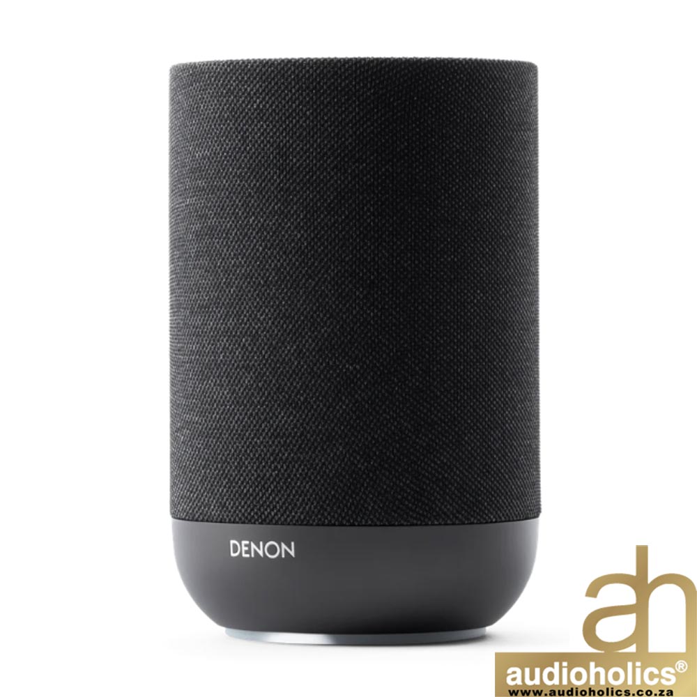 Denon wireless smart speaker with a black fabric cover and a rounded dark gray base, front view.