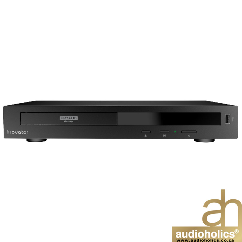 Krovatar-KBU-300-Gallery - Audioholics South Africa Front view of a black Krovatar Blu-ray/DVD player with disc tray on the left, control buttons and a USB port on the right; green LED indicator visible.