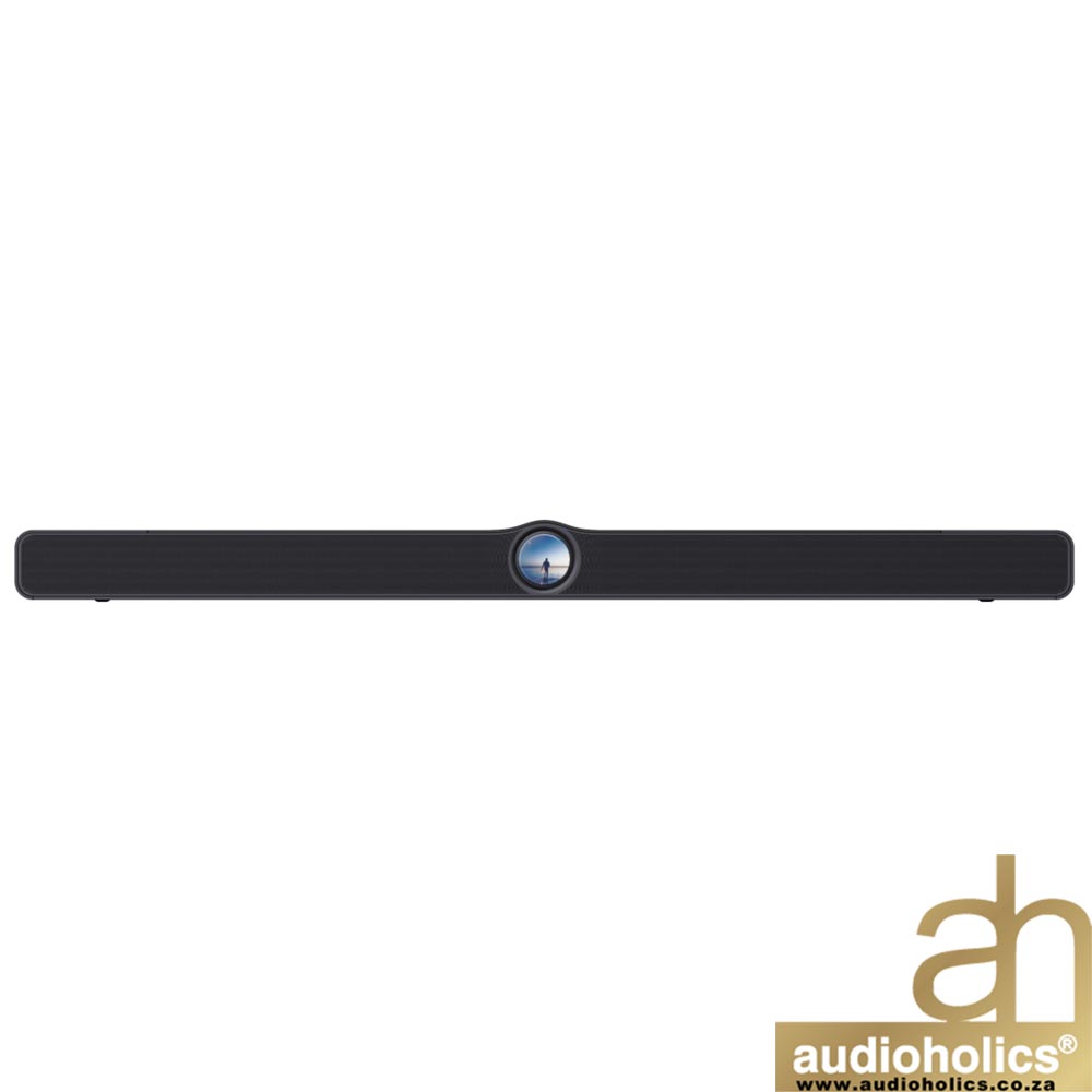 Long black soundbar featuring a circular webcam centered on its front, with Audioholics watermark in the bottom-right corner.