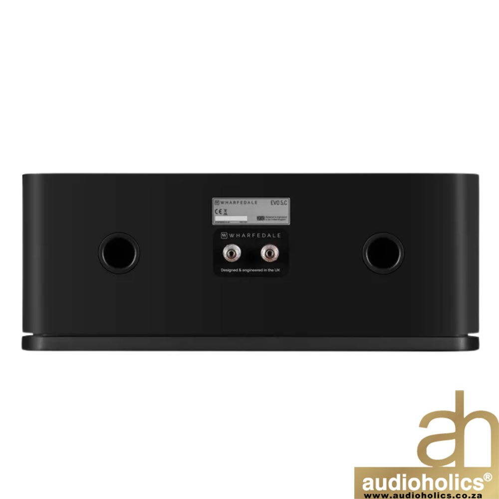 Rear view of a black Wharfedale audio device with two metal input terminals and a central label plate.