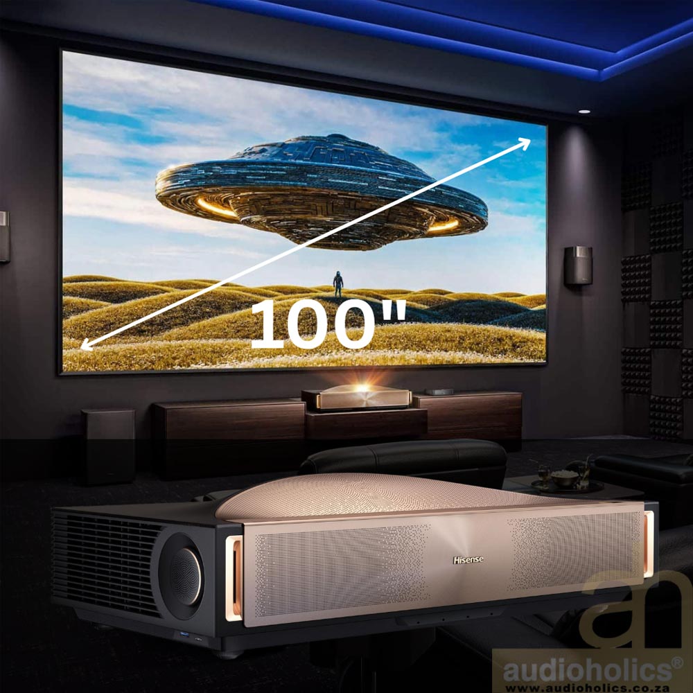 Hisense-L9Q-+-100in-Screen-Combo - Audioholics South Africa Home theater with a 100-inch screen showing a spaceship over a desert; a projector sits in the foreground.