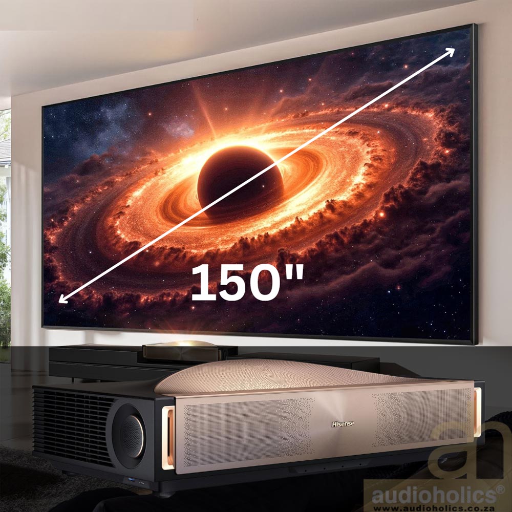 Hisense-L9Q-+-150in-Screen-Combo - Audioholics South Africa Large 150-inch screen showing a space scene with a black hole; a white diagonal measurement line crosses the display. (informative)