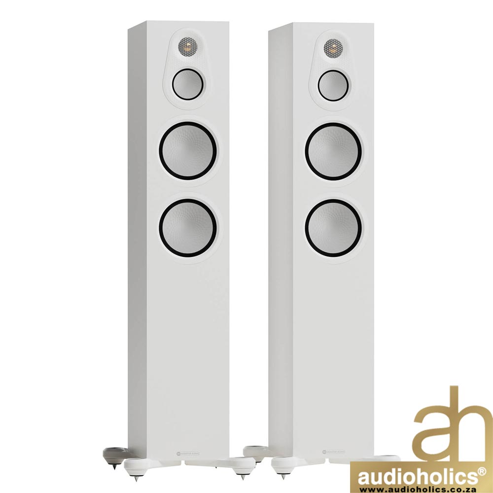 Monitor-Audio-Silver-300-White - Audioholics South Africa Pair of white floor-standing speakers with a top tweeter and two mid/bass drivers; Audioholics logo bottom right.