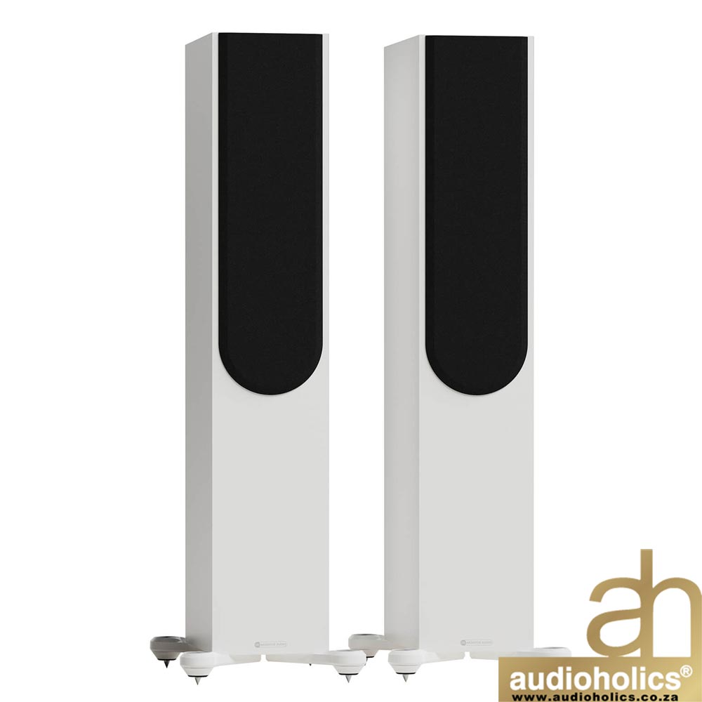 Monitor-Audio-Silver-300-Whitejpg-2 - Audioholics South Africa Pair of tall white floor-standing speakers with black front grills on a white background.