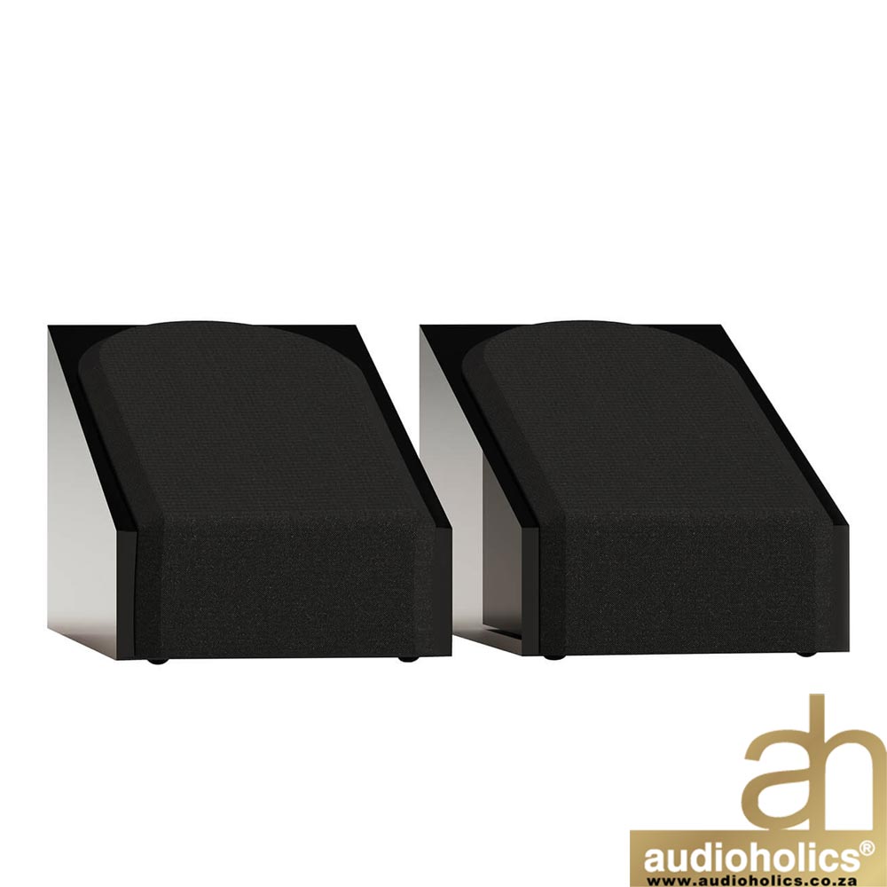 Pair of black angled speaker enclosures with slim silver sides, front grills textured, aural equipment branding visible in bottom-right corner reading Audioholics