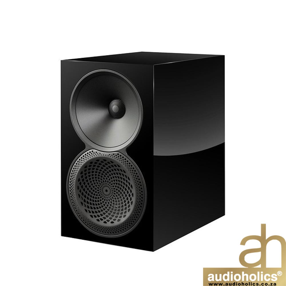 Paradigm-Premier-120B-Gloss-Black - Audioholics South Africa Black two-driver bookshelf speaker with a top tweeter and a perforated lower woofer; Audioholics logo in the bottom-right corner.