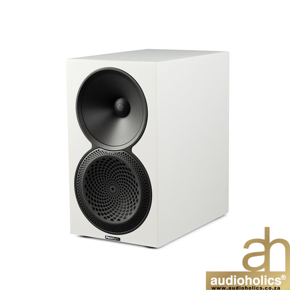Paradigm-Premier-120B-Satin-White - Audioholics South Africa White rectangular speaker with two drivers (large woofer and small tweeter) shown from a slight angle; Paradigm branding on bottom front, Audioholics watermark in corner