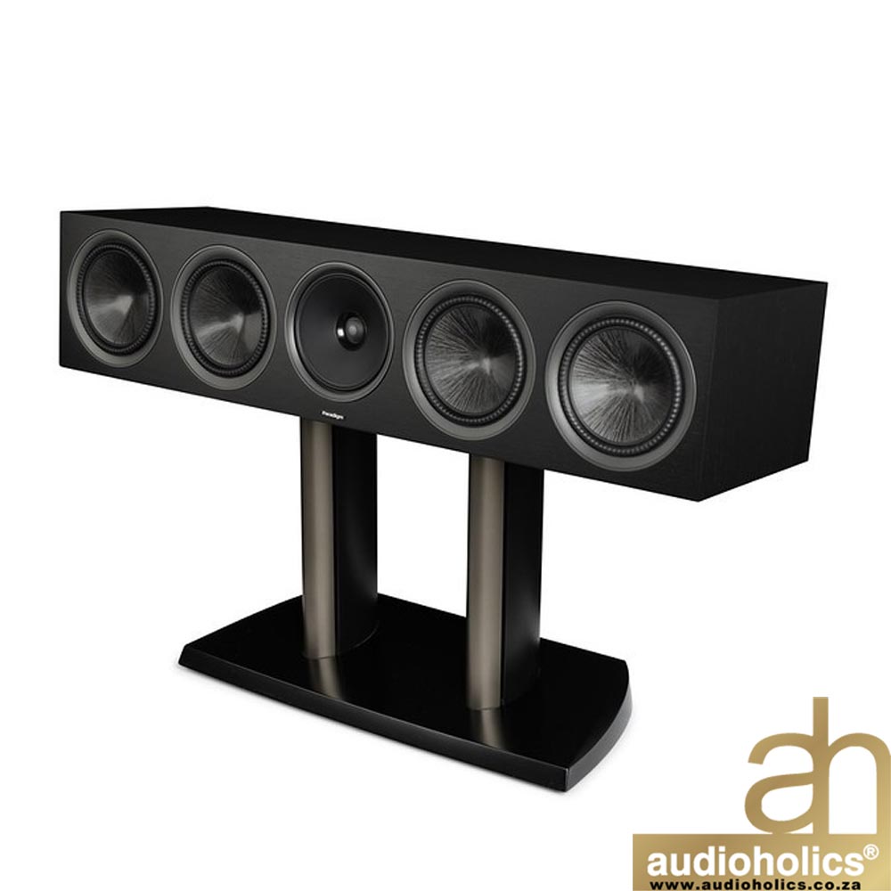 Black rectangular multi-driver speaker bar on a stand with five circular drivers visible; Audioholics logo in bottom-right corner