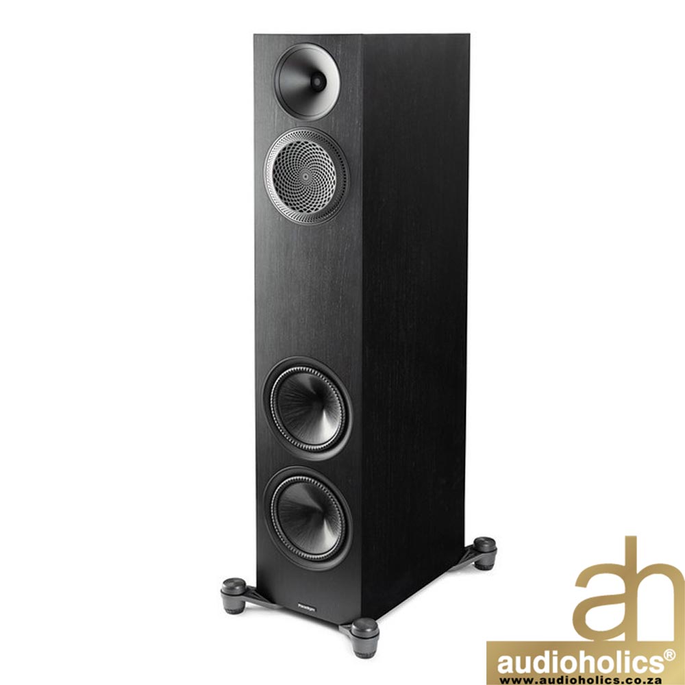 Tall black floor-standing loudspeaker with three visible drivers (top smaller, two larger bottom) on rounded feet, watermark of Audioholics.