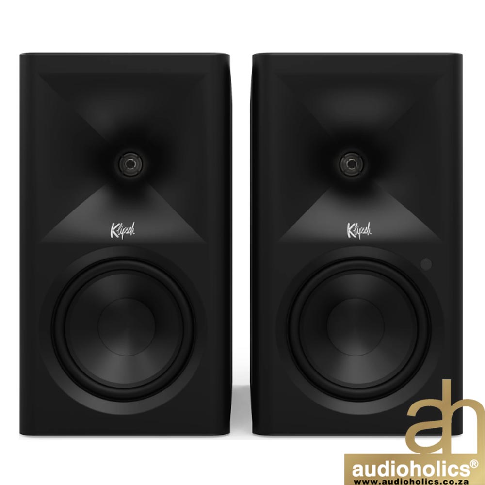 Klipsch-The-Fives-II-Main--Ebonyjpg-2 - Audioholics South Africa Pair of black bookshelf/monitor speakers viewed from the front, showing large woofer cones and tweeters in the center.