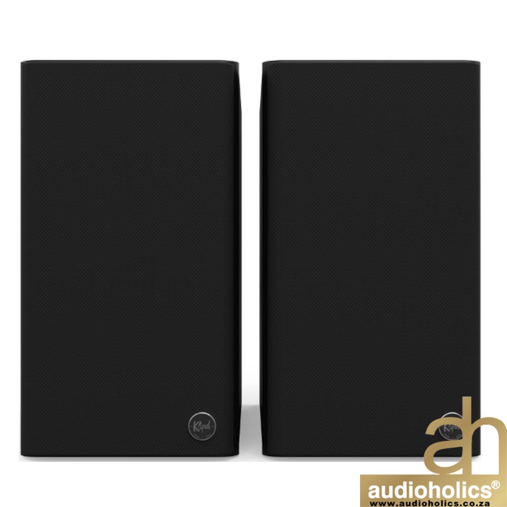 Klipsch-The-Fives-II-Main--Ebonyjpg-3 - Audioholics South Africa Pair of black bookshelf speakers with textured front grilles, placed side by side; small circular brand badge visible on the left speaker.