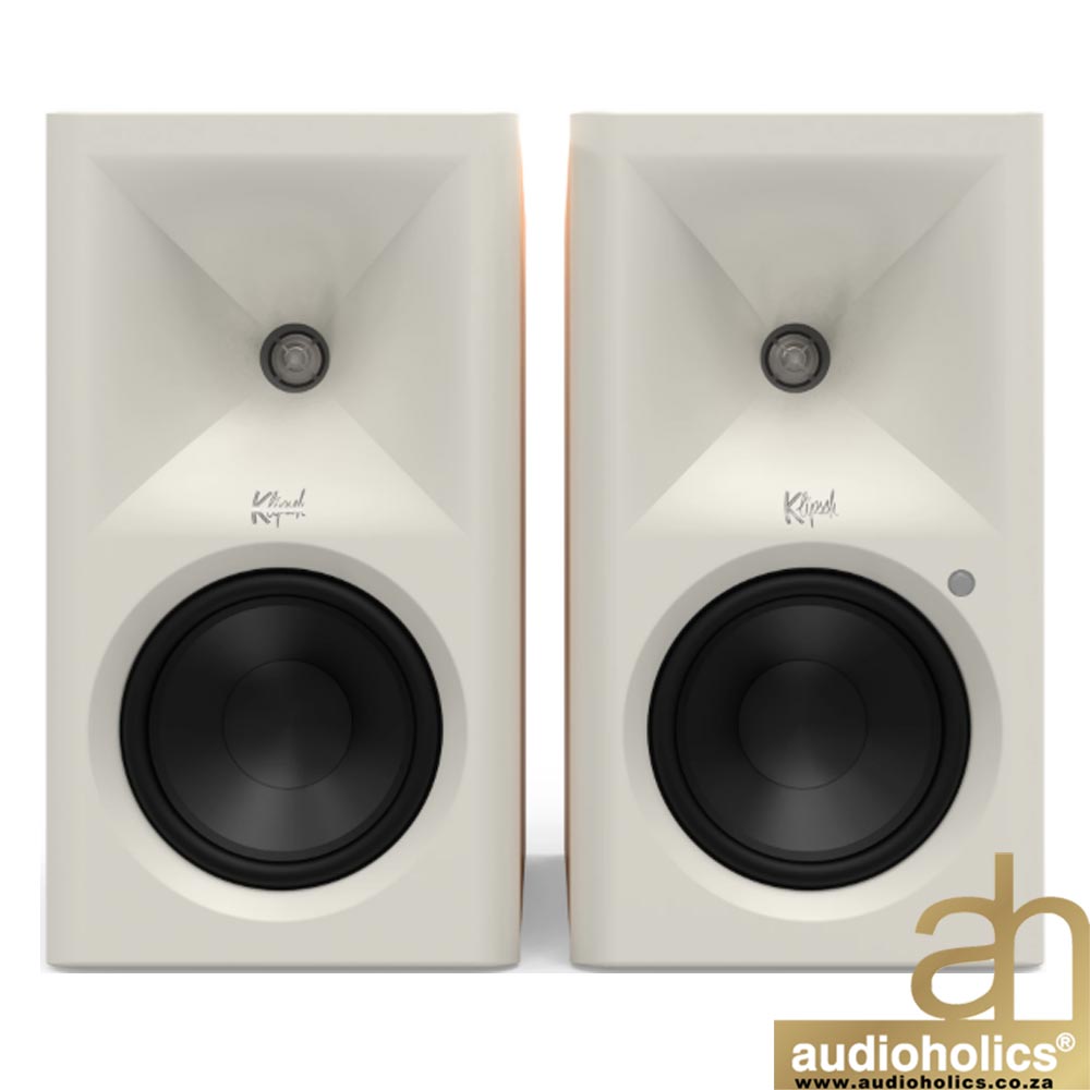 Klipsch-The-Fives-II-Main---Red-Oakjpg-2 - Audioholics South Africa Pair of white desktop studio monitor speakers with black drivers facing forward; brand logo visible on the front, placed side by side on a white background.