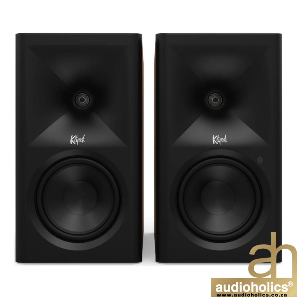 Klipsch-The-Fives-II-Main---Walnut-2 - Audioholics South Africa Pair of black studio monitor speakers viewed from the front, two identical units with a large woofer and small tweeter, Audioholics watermark in the corner.