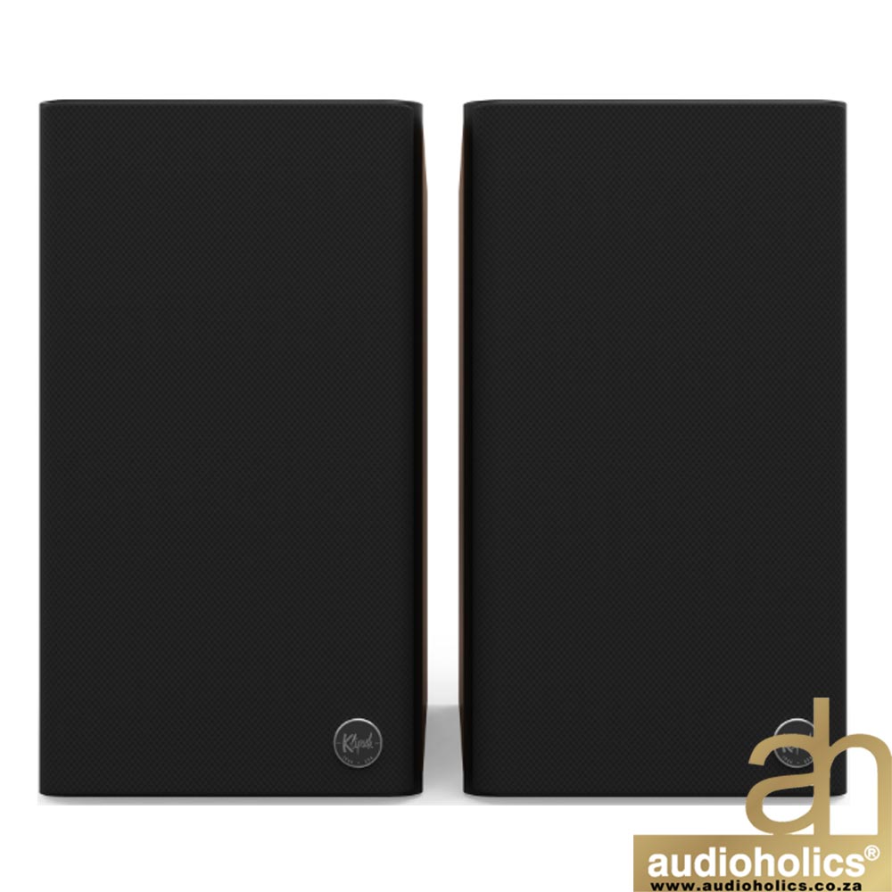 Klipsch-The-Fives-II-Main---Walnut-3 - Audioholics South Africa Pair of black bookshelf speakers with fabric grilles, placed side by side against a white background.
