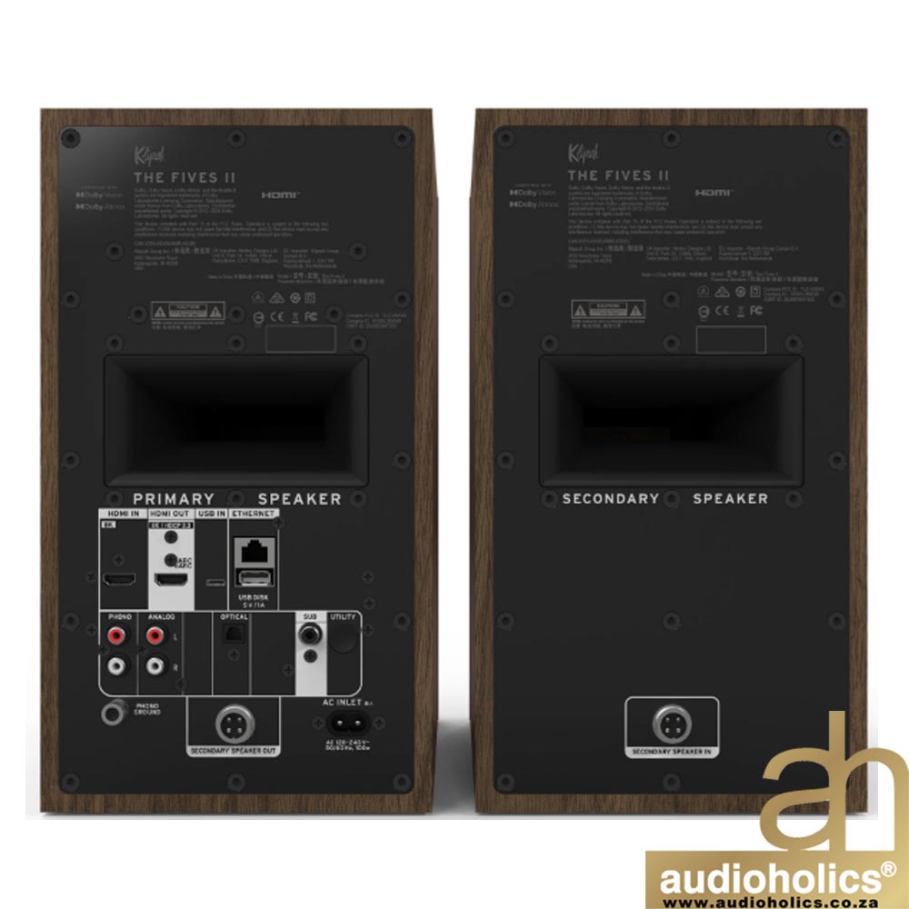 Klipsch-The-Fives-II-Main---Walnut-4 - Audioholics South Africa Back view of two Klipsch The Fives II bookshelf speakers showing input terminals, ports, and wood veneer cabinets.