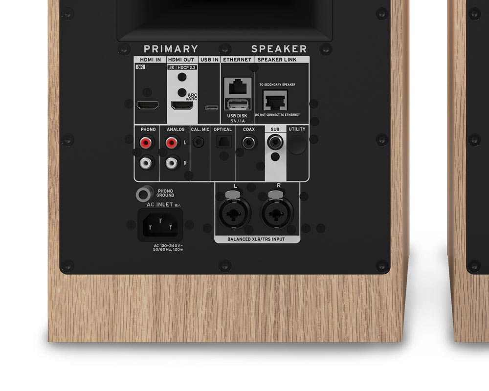 Klipsch-the-Sevens-II-Descriptionjpg-3 - Audioholics South Africa Back panel of wooden speaker showing inputs: HDMI, USB, Ethernet, Analog RCA, XLR/TRS, sub, and AC inlet