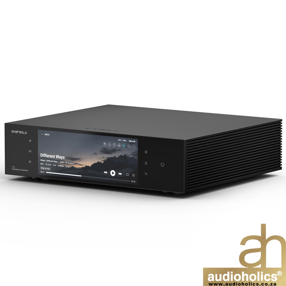Black AV receiver with a touchscreen display on the front panel, showing a music player interface; Audioholics logo in the bottom-right corner.