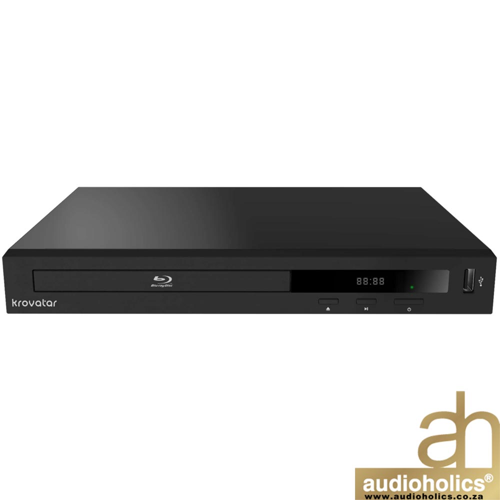Krovalar Blu-ray/DVD player with front-loading tray, digital display, and control buttons on the front panel, plus USB port on the right edge.
