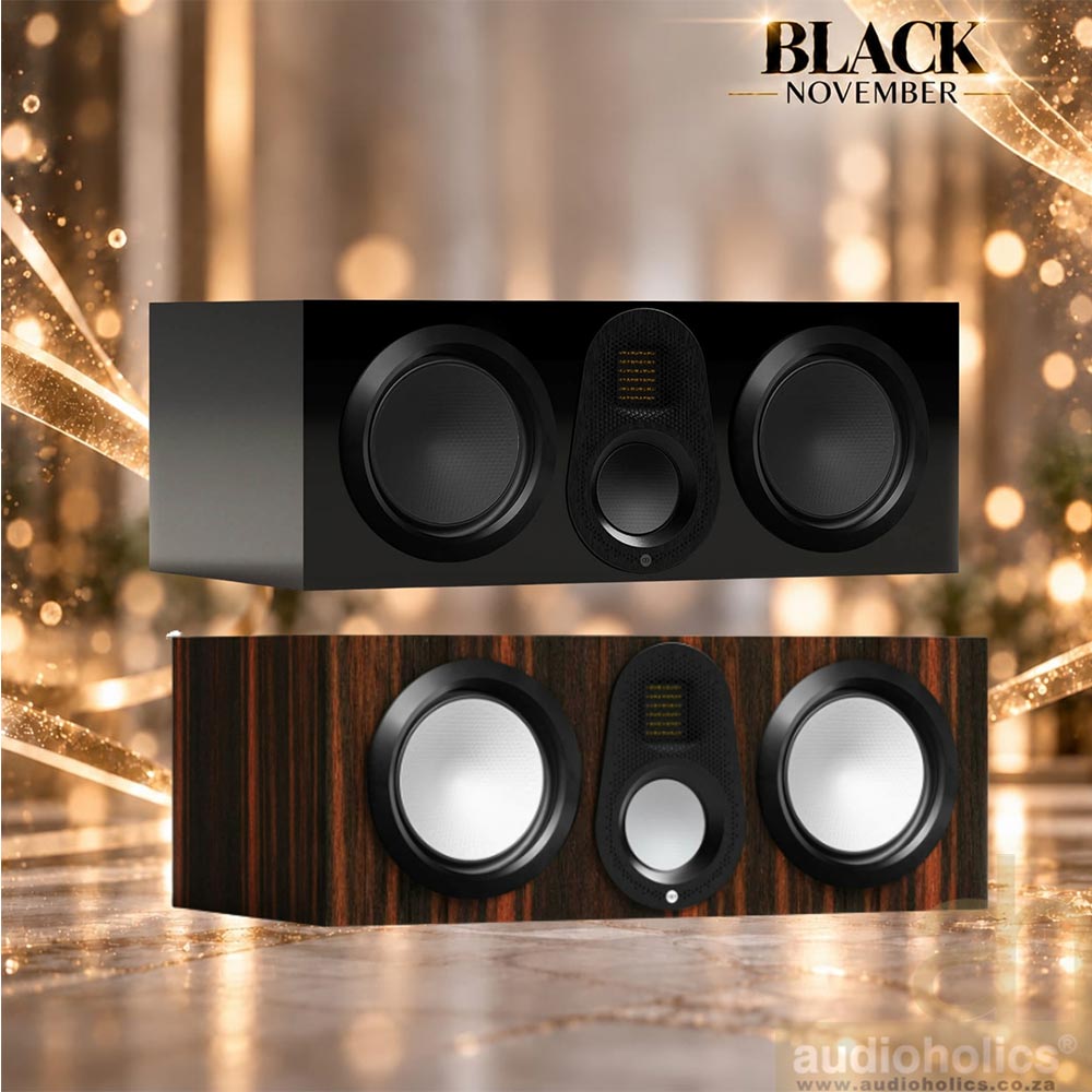 Monitor-Audio-Gold-C250-Main - Audioholics South Africa Two high-end floorstanding speaker systems on a festive, golden background with Black November branding in the corner.
