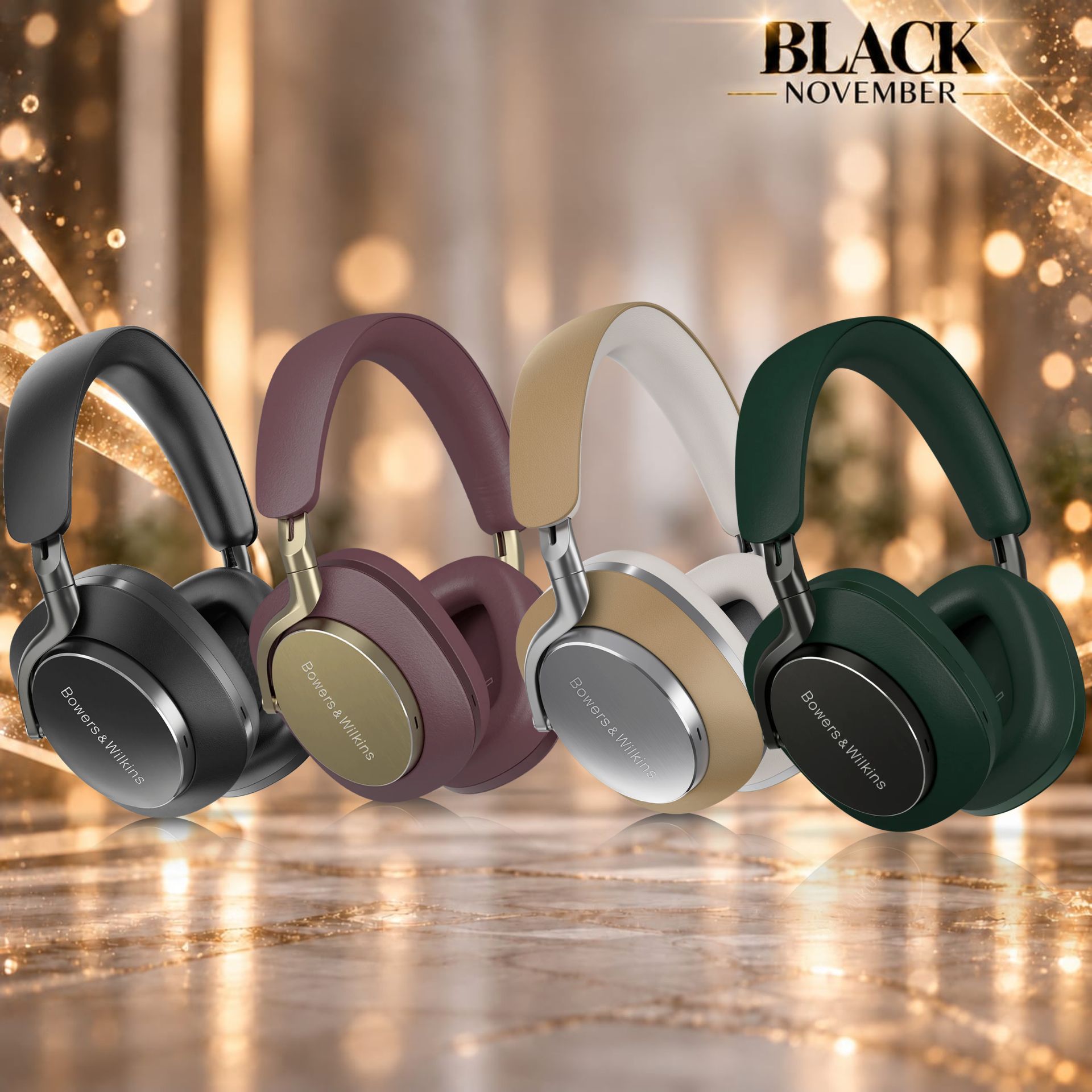 PX8 - Audioholics South Africa Row of over-ear headphones in multiple colors against a golden festive background; Bowers & Wilkins branding on each ear cup.