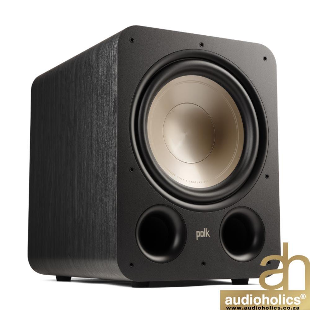 Front view of a black Polk subwoofer with a large gold cone and two circular front ports. Logoed branding is visible on the speaker face.