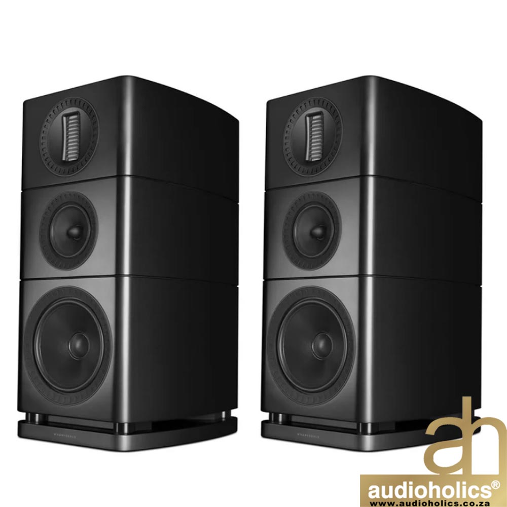 Pair of black, stacked speakers with multiple drivers and a gold Audioholics logo in the bottom right corner.